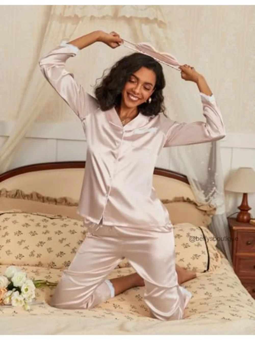 Satin Pajama Set Women Long Sleeve Button Down Loungewear 2 Piece Sleepwear